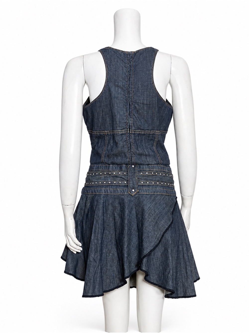 Sleeveless Dark Denim Mini Dress with Studded Belt - Picture 2 of 3